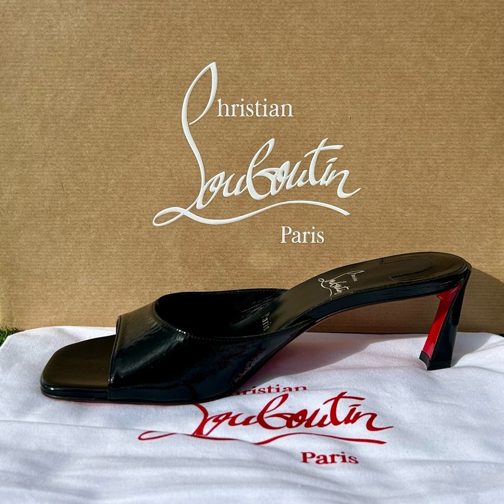 CHRISTIAN LOUBOUTIN CONDORA MULE 55 BLACK PAT. LEATHER SANDAL MID HEEL 37.5 NEW - Picture 6 of 16